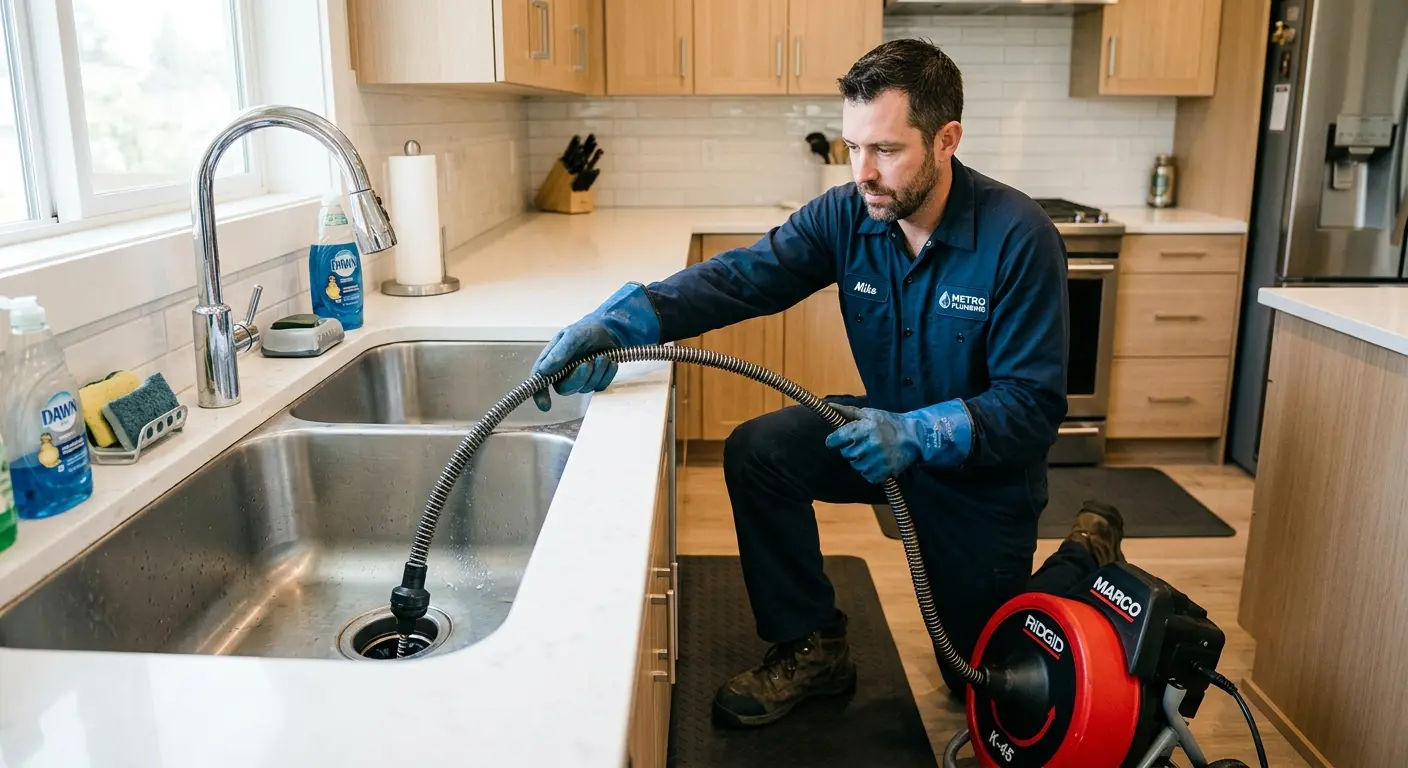Drain cleaning technician using a motorized snake on a kitchen sink in Cohasset