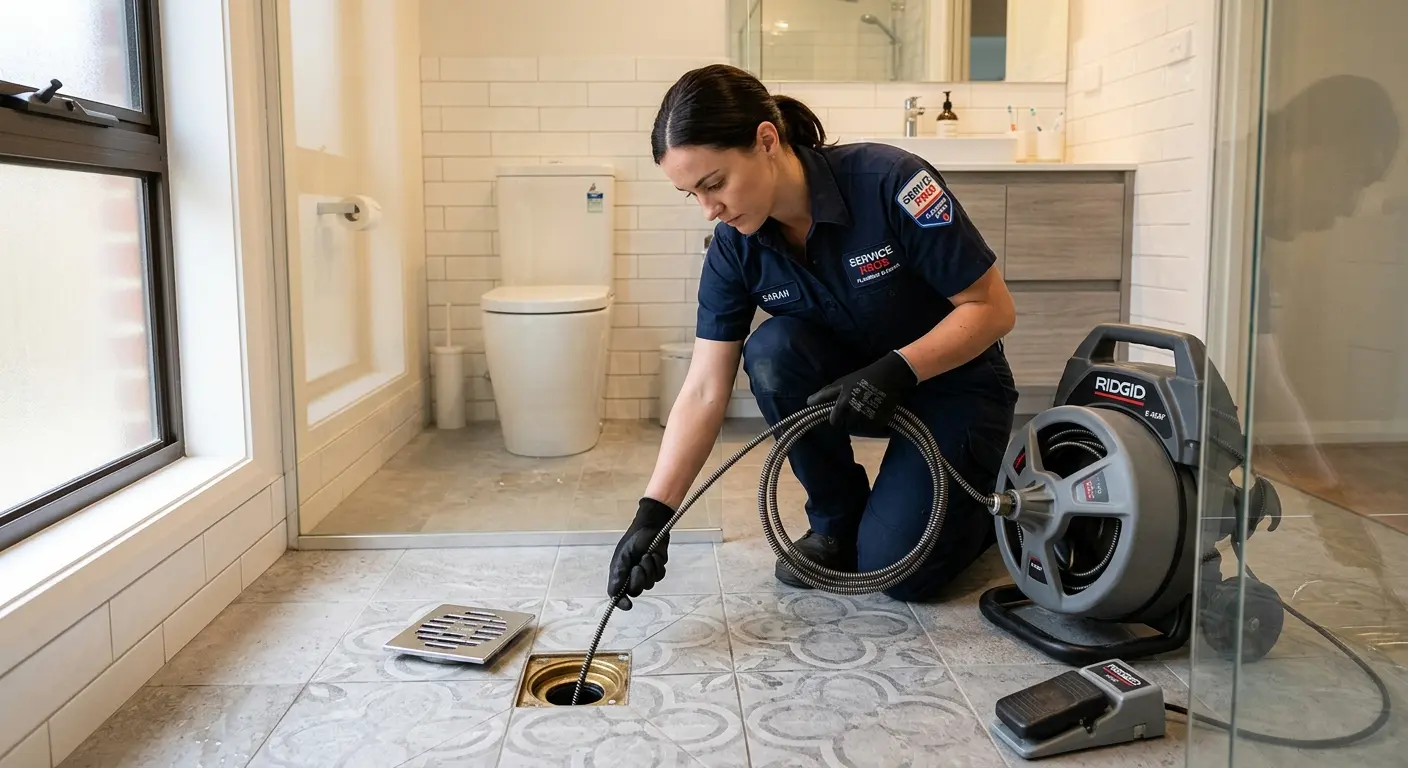 Technician clearing a bathroom floor drain for Sewer Line Replacement in Cohasset